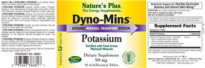 Photo of the Nature's Plus Dyno-Mins Potassium label