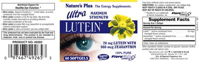 Photo of the Nature's Plus Ultra Maximum Strength Lutein label