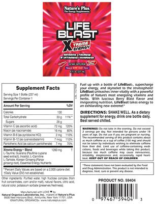 Photo of the Nature's Plus Life Blast Xtreme Energy Natural Berry Blast Flavor label