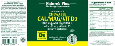 Photo of the Nature's Plus Cal/Mag/Vit D3 with Vitamin K2 Chocolate Flavored label