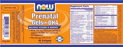 Photo of the NOW Prenatal Gels + DHA label