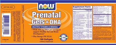 Photo of the NOW Prenatal Gels + DHA label