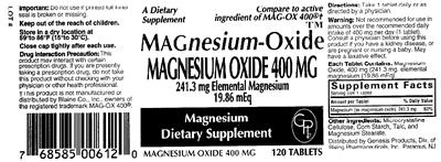 Photo of the Genesis Products Magnesium-Oxide label