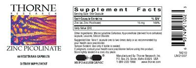 Product label for Zinc Picolinate