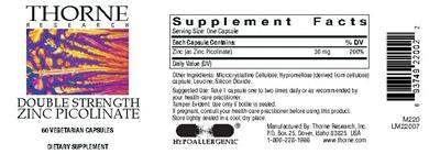 Photo of the Thorne Research Double Strength Zinc Picolinate label
