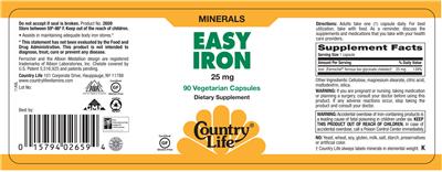 Photo of the Country Life Easy Iron 25 mg label