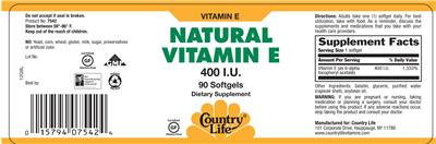 Photo of the Country Life Natural VItamin E 400 IU label
