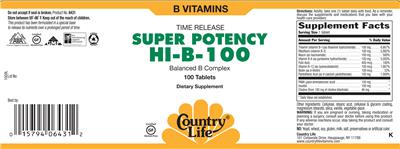 Photo of the Country Life Time Release Super Potency Hi-B-200 Balanced B Complex label