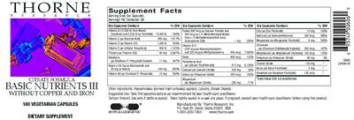 Photo of the Thorne Research Citrate Formula Basic Nutrients III Without Copper And Iron label