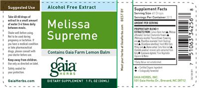 Photo of the Gaia Herbs Melissa Supreme label