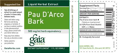 Photo of the Gaia Herbs Pau D'Arco Bark label