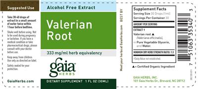 Photo of the Gaia Herbs Valerian Root Alcohol Free Extract label