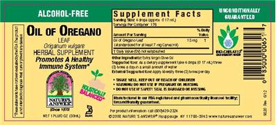 Photo of the Nature's Answer Oil of Oregano Alcohol-Free label