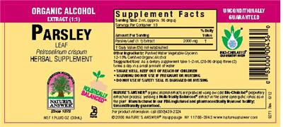 Photo of the Nature's Answer Parsley Leaf Organic Alcohol label