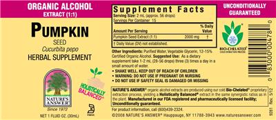Photo of the Nature's Answer Pumpkin Seed Organic Alcohol label