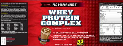 Photo of the GNC Pro Performance Whey Protein Complex Powdered Drink Mix Chocolate label