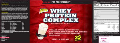 Photo of the GNC Pro Performance Whey Protein Complex Powdered Drink Mix Vanilla label