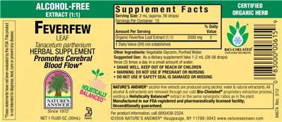 Photo of the Nature's Answer Feverfew Leaf Alcohol-Free label