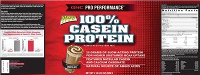Photo of the GNC Pro Performance 100% Casein Protein Chocolate label