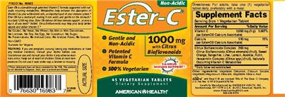 Product label for Ester-C 1000 mg With Citrus Bioflavonoids