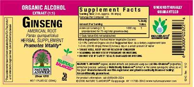 Photo of the Nature's Answer Ginseng American, Root label