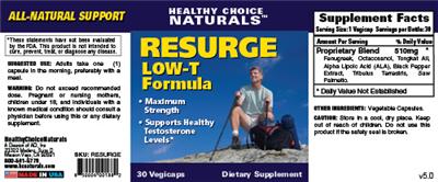 Photo of the Healthy Choice Naturals Resurge Low-T Formula label