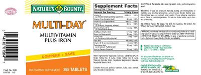 Photo of the Nature's Bounty Multi-Day Multivitamin Plus Iron label