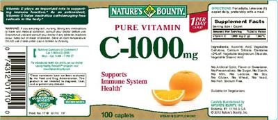 Photo of the Nature's Bounty Pure Vitamin C-1000 mg label