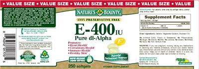 Photo of the Nature's Bounty E-400IU Pure Dl-Alpha label