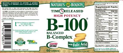 Photo of the Nature's Bounty Time-Released High Potency B-100 Balanced B-Complex label
