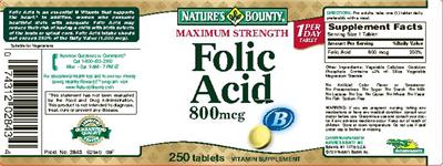 Photo of the Nature's Bounty Maximum Strength Folic Acid 800 mcg label