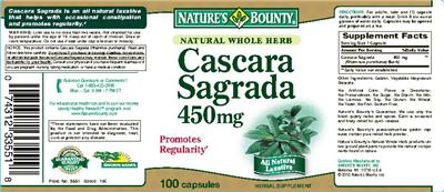 Photo of the Nature's Bounty Natural Whole Herb Cascara Sagrada 450 mg label