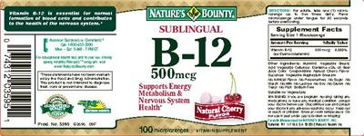 Photo of the Nature's Bounty Sublingual B-12 500 mcg Natural Cherry Flavor label