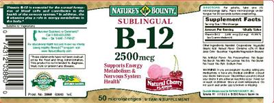 Photo of the Nature's Bounty Sublingual B-12 2500 mcg Natural Cherry Flavor label
