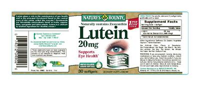 Photo of the Nature's Bounty Lutein 20 mg label
