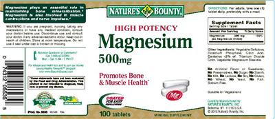 Photo of the Nature's Bounty High Potency Magnesium 500 mg label