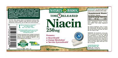 Photo of the Nature's Bounty Time Released Niacin 250 mg label