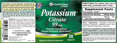 Photo of the Vitamin World Potassium Citrate 99 mg label