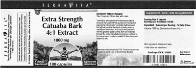 Photo of the TerraVita Extra Strength Catuaba Bark 4:1 Extract 1800 mg label