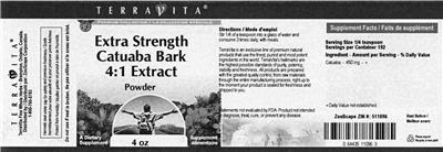 Photo of the TerraVita Extra Strength Catuaba Bark 4:1 Extract Powder label