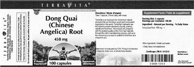 Photo of the TerraVita Dong Quai (Chinese Angelica) Root 450 mg label