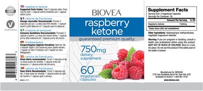Photo of the BIOVEA Raspberry Ketone 750 mg label