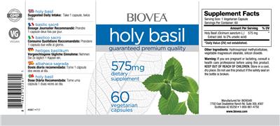 Photo of the BIOVEA Holy Basil 575 mg label