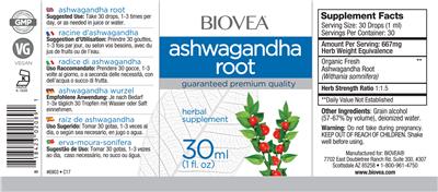 Photo of the BIOVEA Ashwagandha Root label