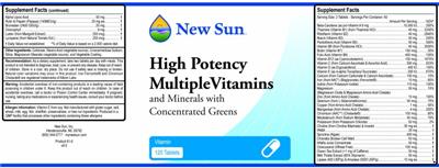 Photo of the New Sun High Potency Multiple Vitamins label