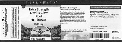 Photo of the TerraVita Extra Strength Devil's Claw Root 4:1 Extract 1800 mg label