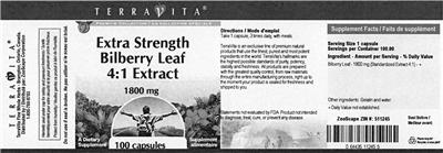 Photo of the TerraVita Extra Strength Bilberry Leaf 4:1 Extract 1800 mg label