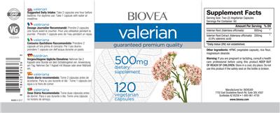 Photo of the BIOVEA Valerian 500 mg label