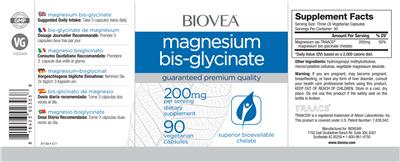 Photo of the BIOVEA Magnesium Bis-Glycinate 200 mg label