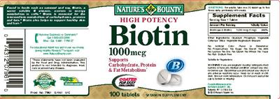 Photo of the Nature's Bounty High Potency Biotin 1000 mcg label